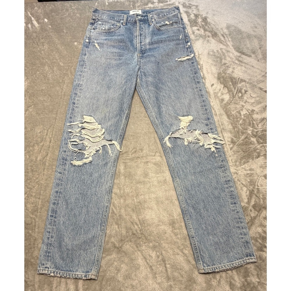 AGOLDE 90's Mid Rise Loose Fit Straight Leg Jeans Womens26 Light Blue Distressed